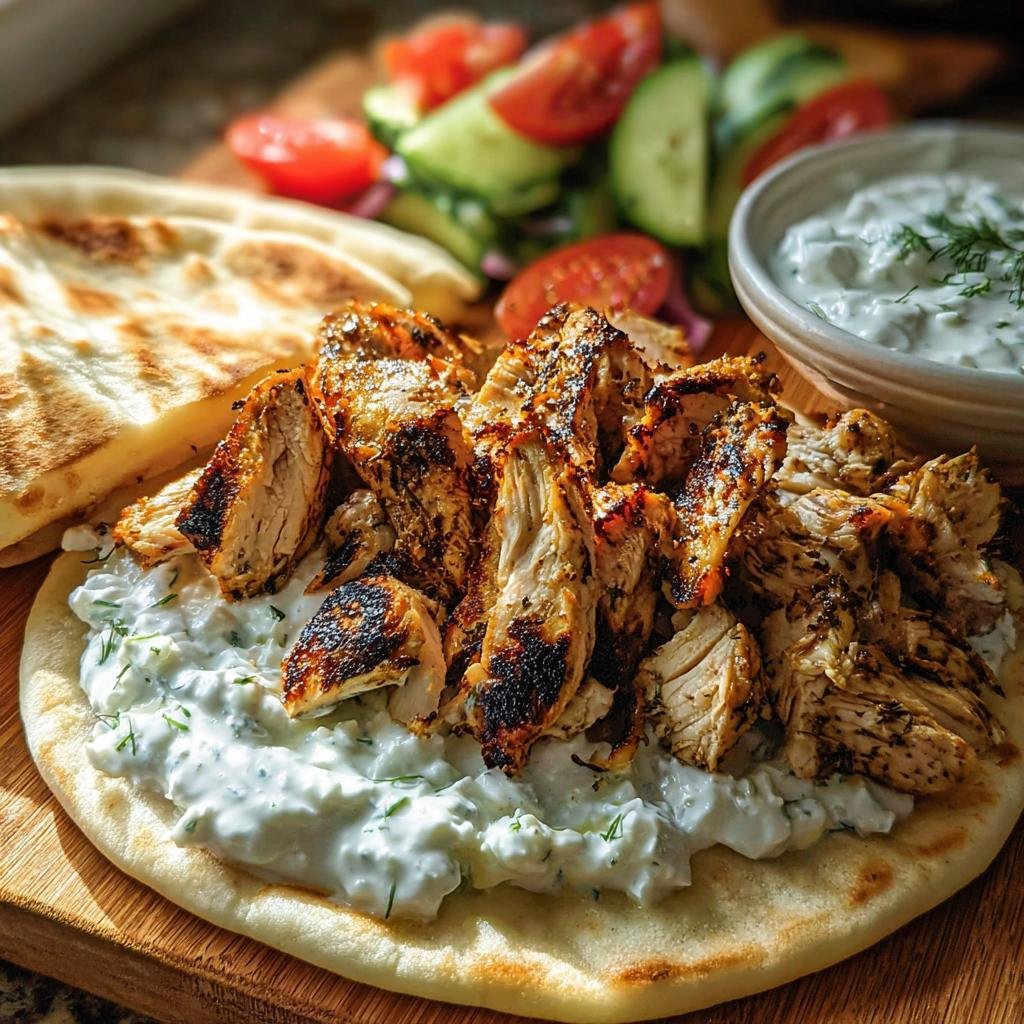 Geschnittenes Hähnchen-Gyros auf Fladenbrot mit cremiger Tzatziki-Sauce und Salatbeilage.
