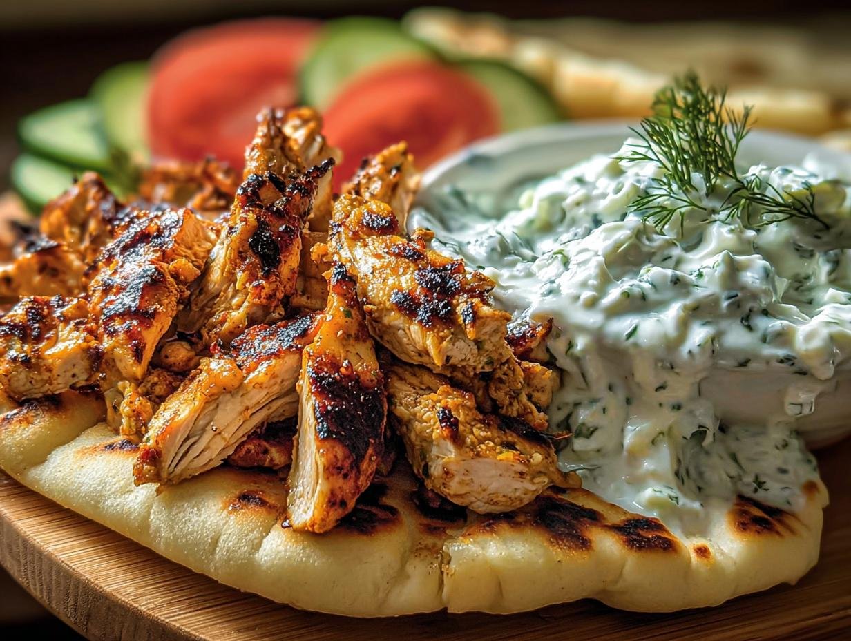 Gebratenes Hähnchen-Gyros mit cremigem Tzatziki und Fladenbrot, garniert mit Dill.