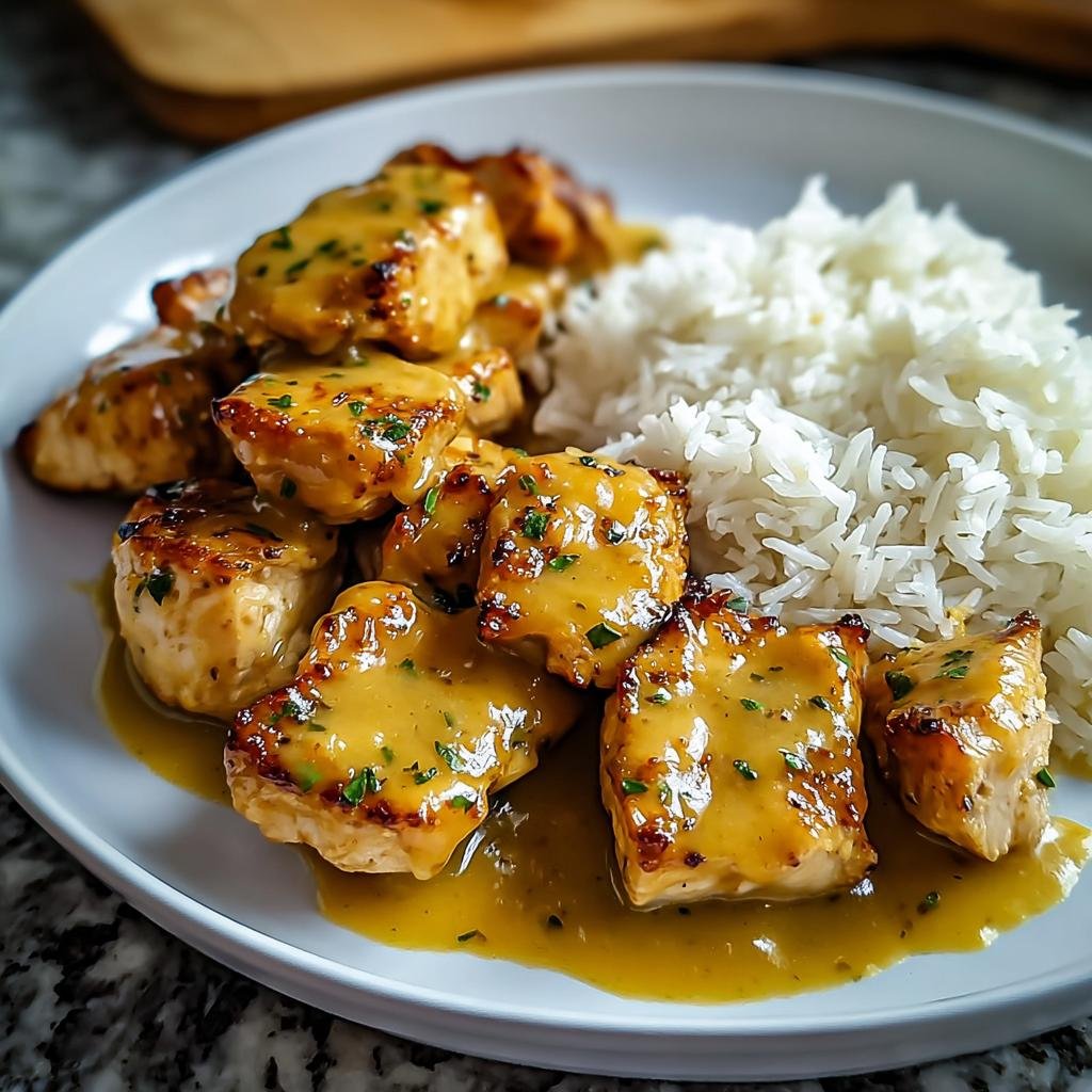 Garnierte Stücke Hähnchen in Honig-Senf-Sauce mit einer Portion weißem Reis auf einem Teller.