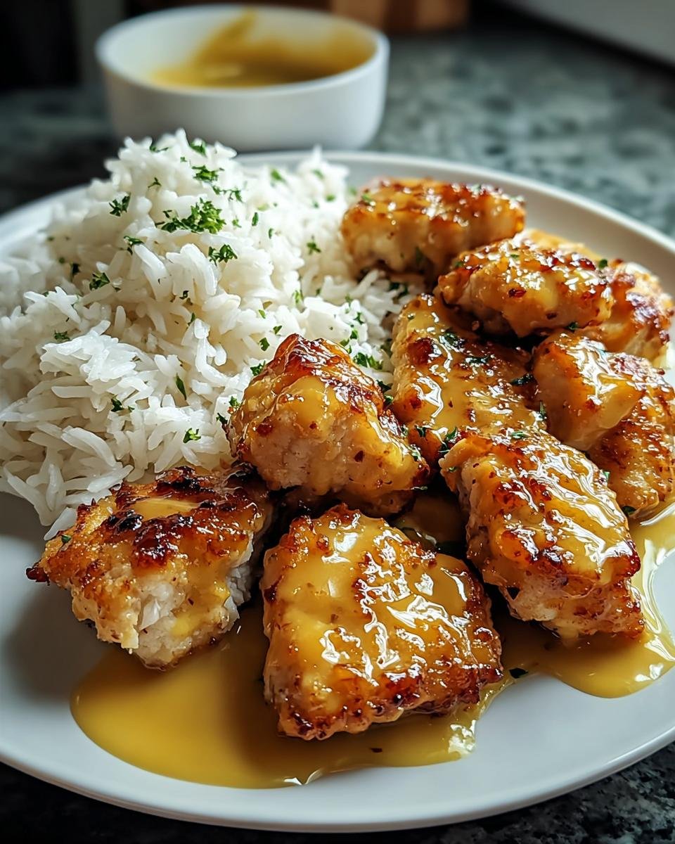 Gebackene Stücke Hähnchen in Honig-Senf-Sauce mit einer Portion weißem Reis, garniert mit Petersilie.