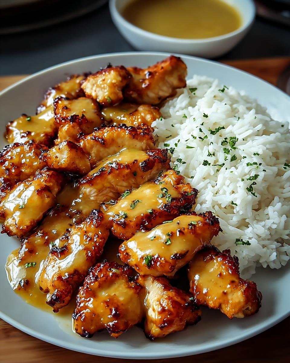 Gebratenes Hähnchen in Honig-Senf-Sauce mit einer Portion weißem Reis, garniert mit Petersilie. Hähnchen in Honig-Senf-Sauce mit Reis.