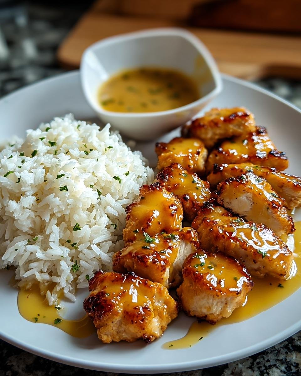 Garnierte Hähnchenstücke in Honig-Senf-Sauce neben weißem Reis auf einem Teller.