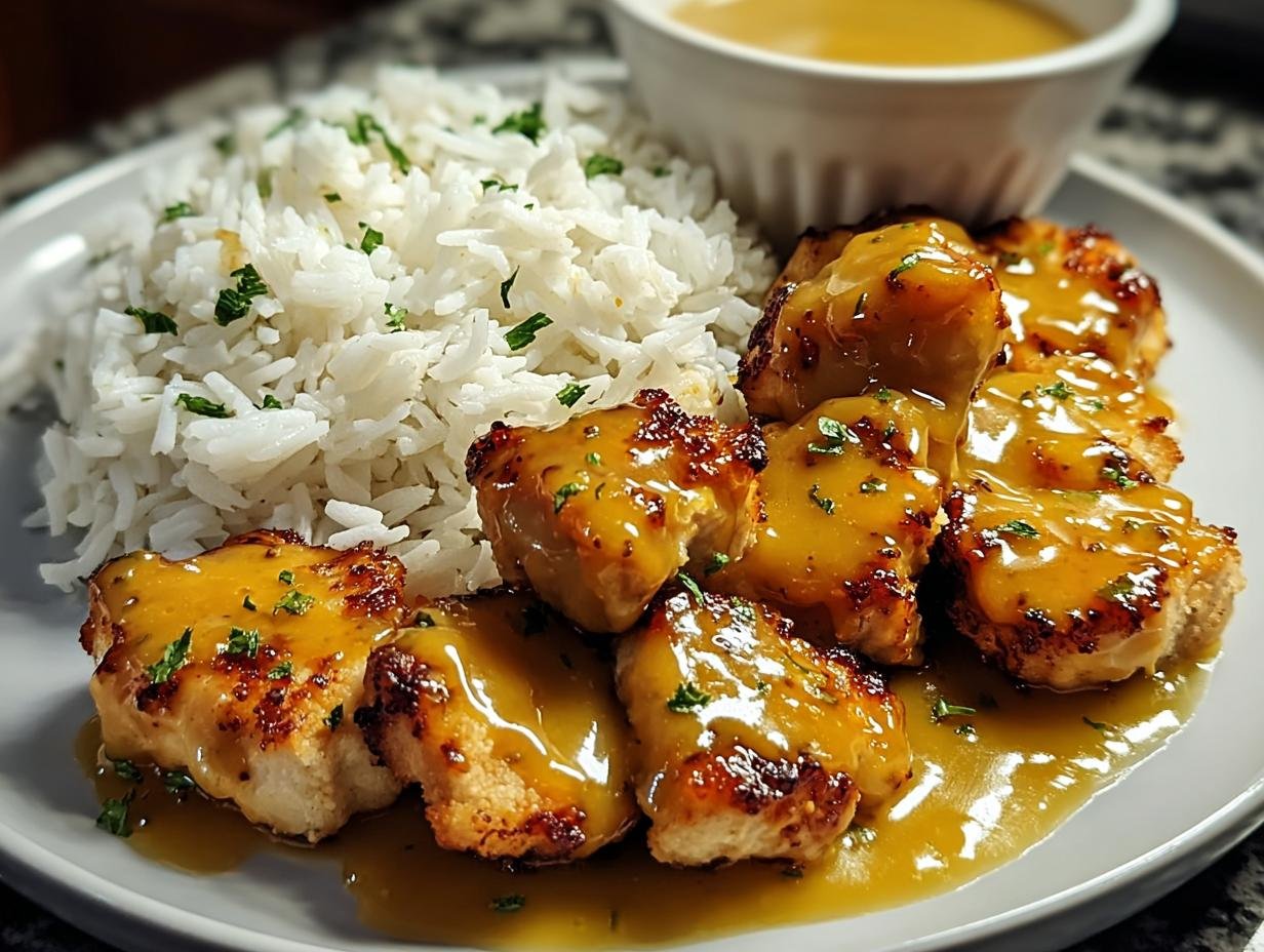 Gebratene Hähnchenstücke in glänzender Honig-Senf-Sauce serviert mit weißem Reis.
