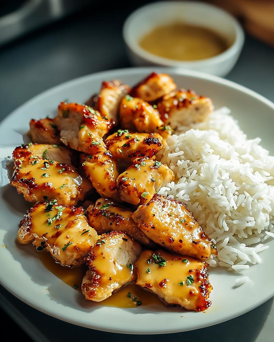 Gebratene Stücke Hähnchen in Honig-Senf-Sauce mit Reis auf einem weißen Teller.