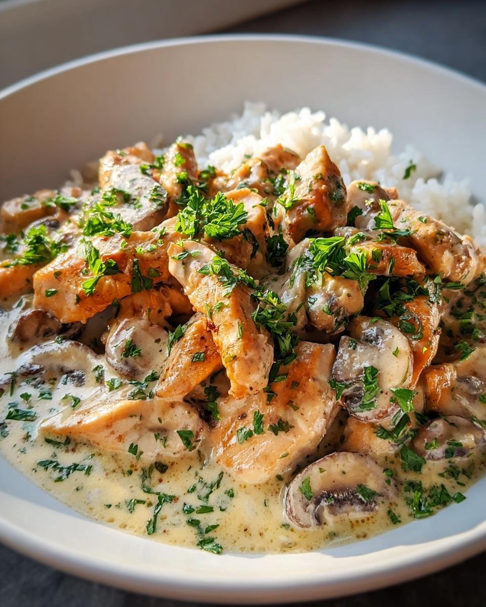 Nahaufnahme von Hähnchen Stroganoff mit Champignons in cremiger Soße, serviert über weißem Reis und garniert mit Petersilie.