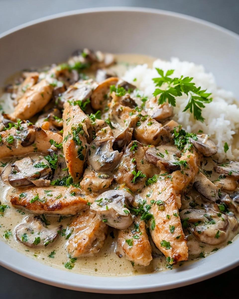 Ein Teller Hähnchen Stroganoff mit Champignons in cremiger Soße, serviert mit weißem Reis und Petersilie.