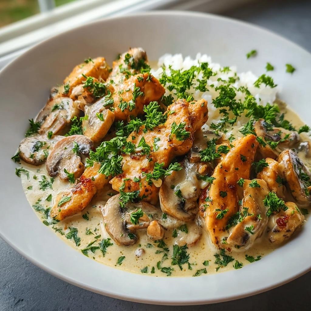 Nahaufnahme von Hähnchen Stroganoff mit Champignons in cremiger Soße, serviert mit Reis und Petersilie.
