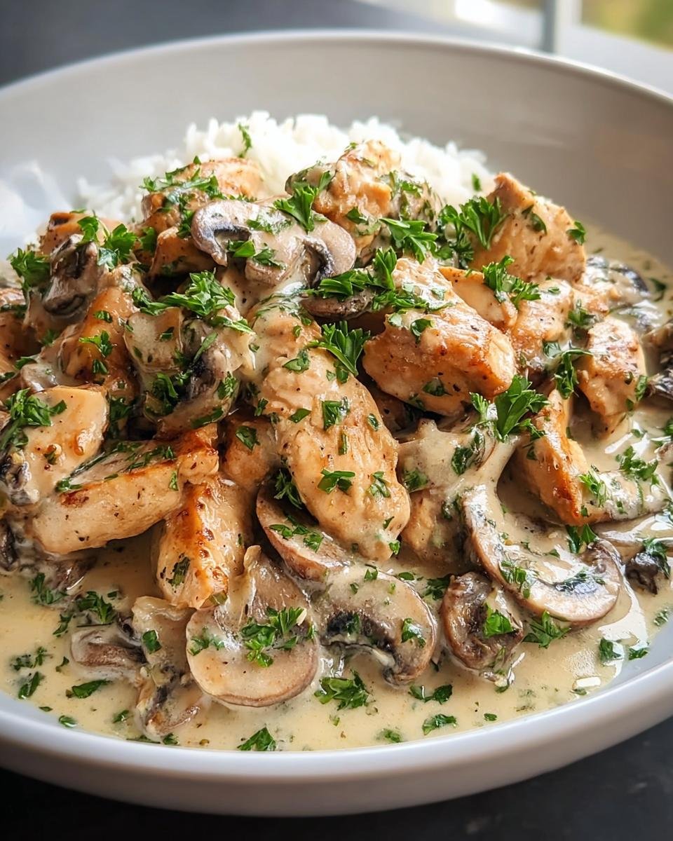 Nahaufnahme von Hähnchen Stroganoff mit Champignons in cremiger Soße, serviert mit Reis und Petersilie.