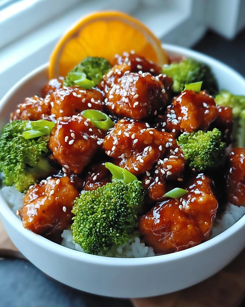 Nahaufnahme von Hähnchen Teriyaki mit Brokkoli und Sesam auf Reis in einer weißen Schüssel.