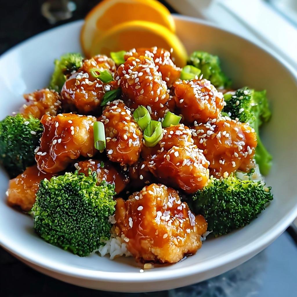 Nahaufnahme von Hähnchen Teriyaki mit Brokkoli und Sesamkörnern in einer weißen Schüssel.