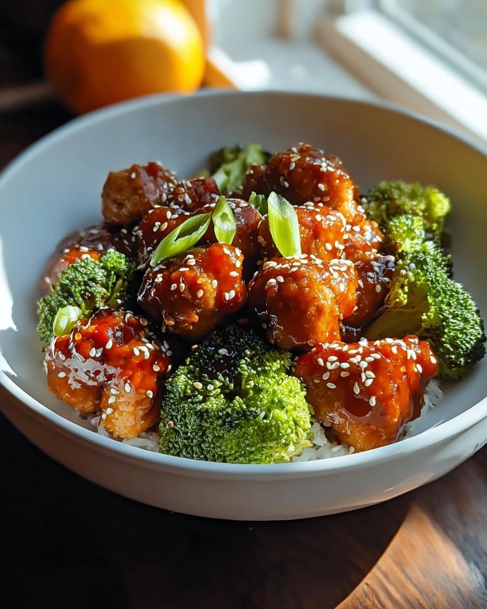 Nahaufnahme von Hähnchen Teriyaki mit Brokkoli und Sesam auf Reis in einer weißen Schüssel.