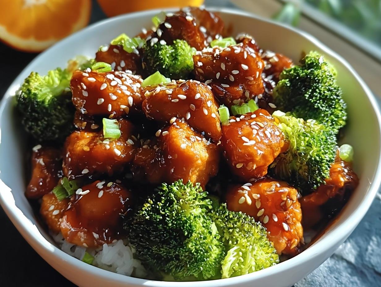 Nahaufnahme von Hähnchen Teriyaki mit Brokkoli und Sesam auf Reis in einer weißen Schüssel.
