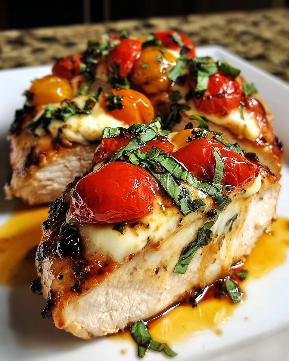 Anschnitt einer saftigen Hähnchenbrust Caprese aus dem Ofen mit geschmolzenem Mozzarella, Kirschtomaten und Basilikum.