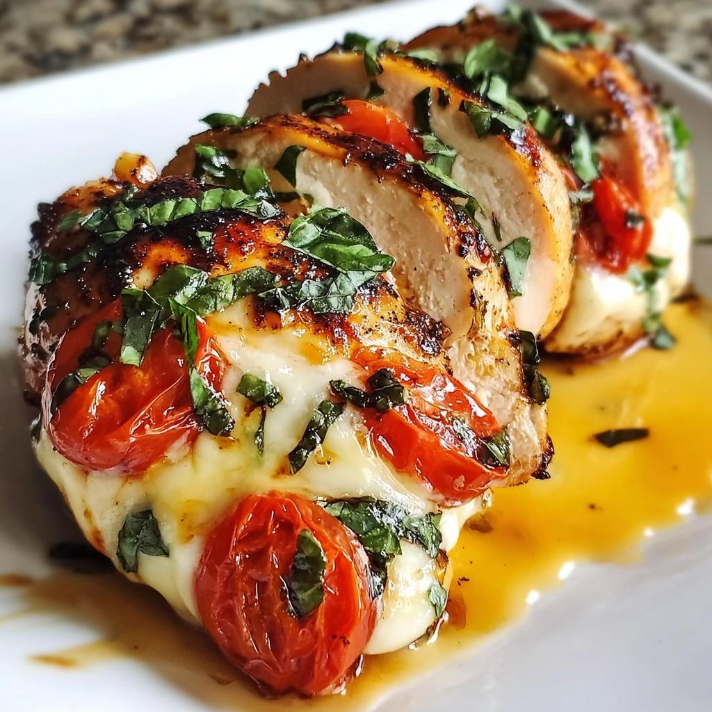 Anschnitt einer saftigen Hähnchenbrust Caprese aus dem Ofen, gefüllt mit geschmolzenem Käse, Kirschtomaten und Basilikum.
