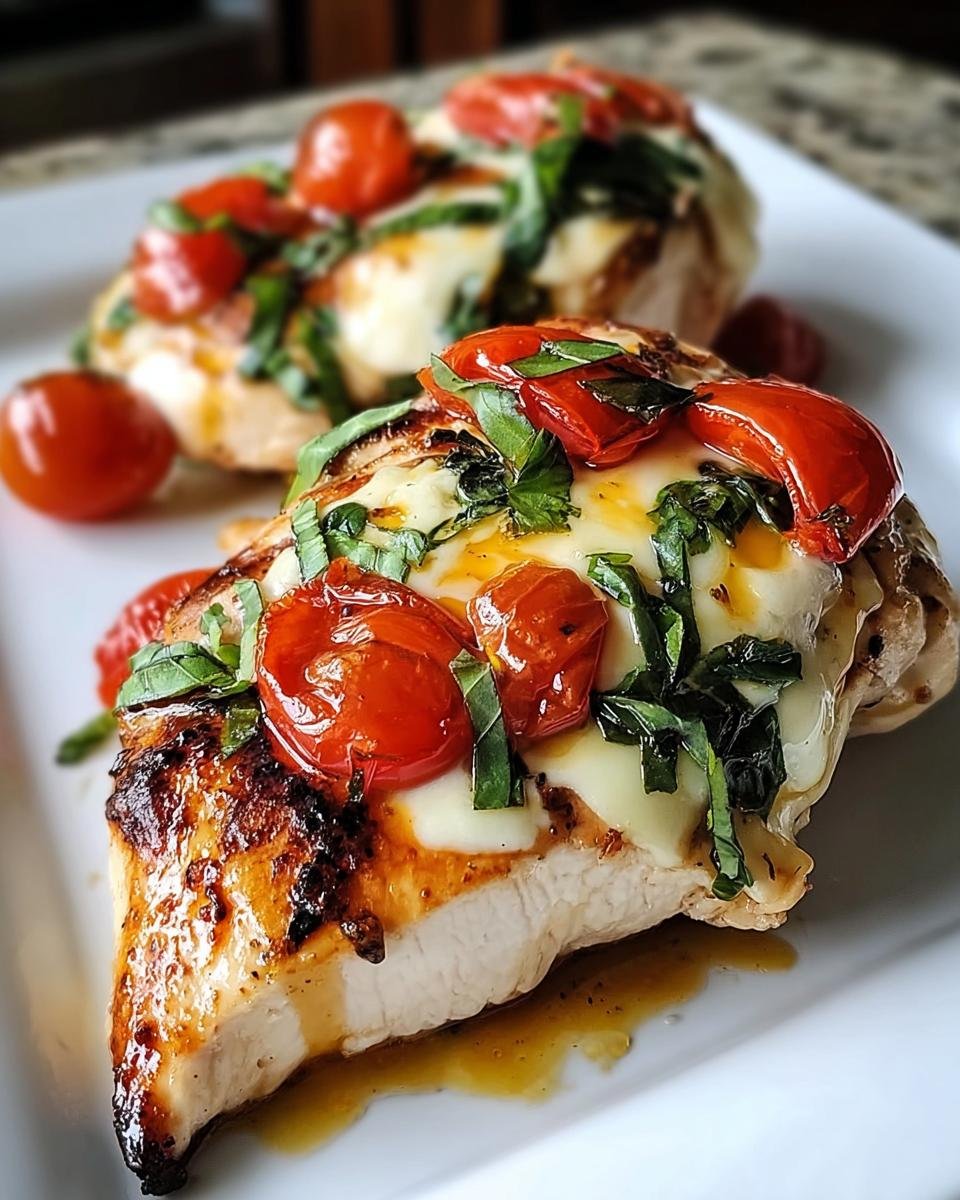 Zwei Stücke Hähnchenbrust Caprese aus dem Ofen mit geschmolzenem Käse, Kirschtomaten und Basilikum auf einem weißen Teller.