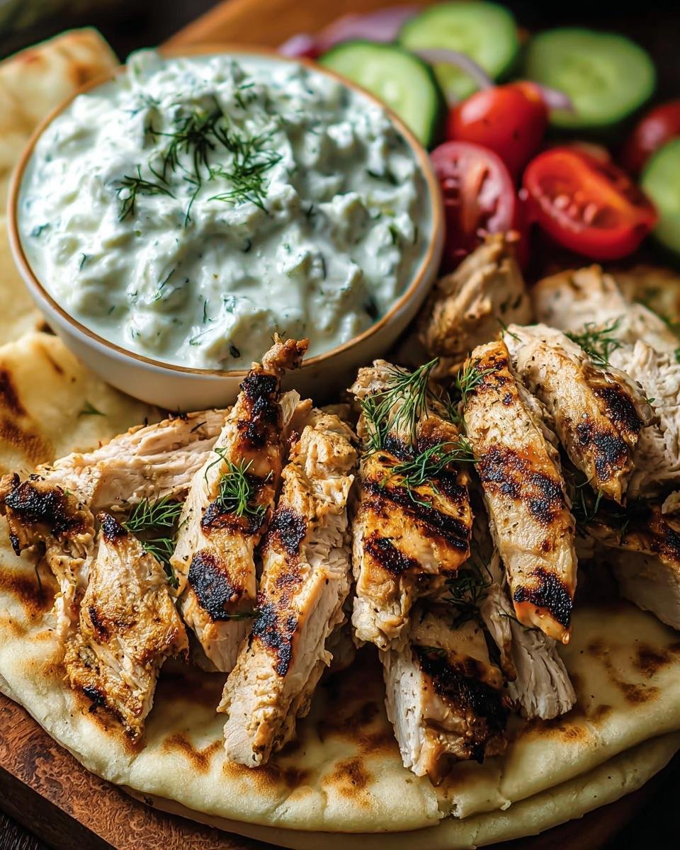 Geschnittenes Hähnchen-Gyros mit gegrillten Streifen auf Fladenbrot, serviert mit einer Schale Tzatziki.