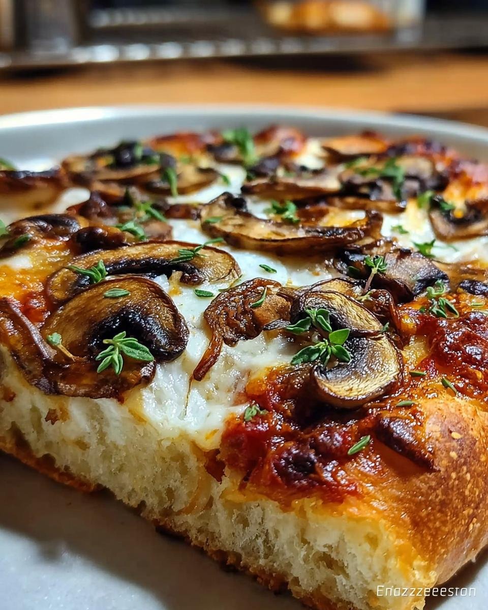 Nahaufnahme eines dicken Stücks Hausgemachte Pizza vom Blech mit geschmolzenem Käse und gebratenen Champignons.