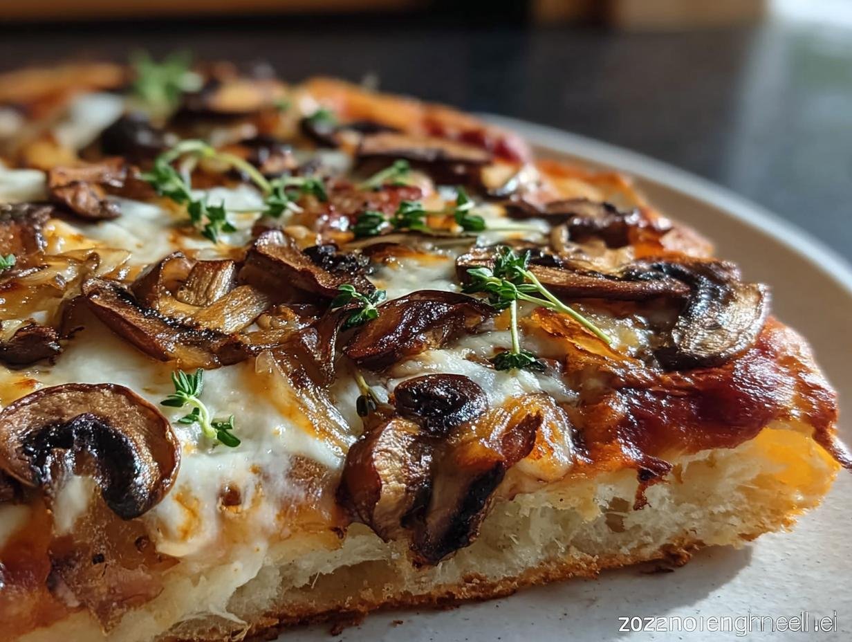 Nahaufnahme eines Stücks Hausgemachte Pizza vom Blech mit geschmolzenem Käse, gebratenen Pilzen und frischen Thymianzweigen.