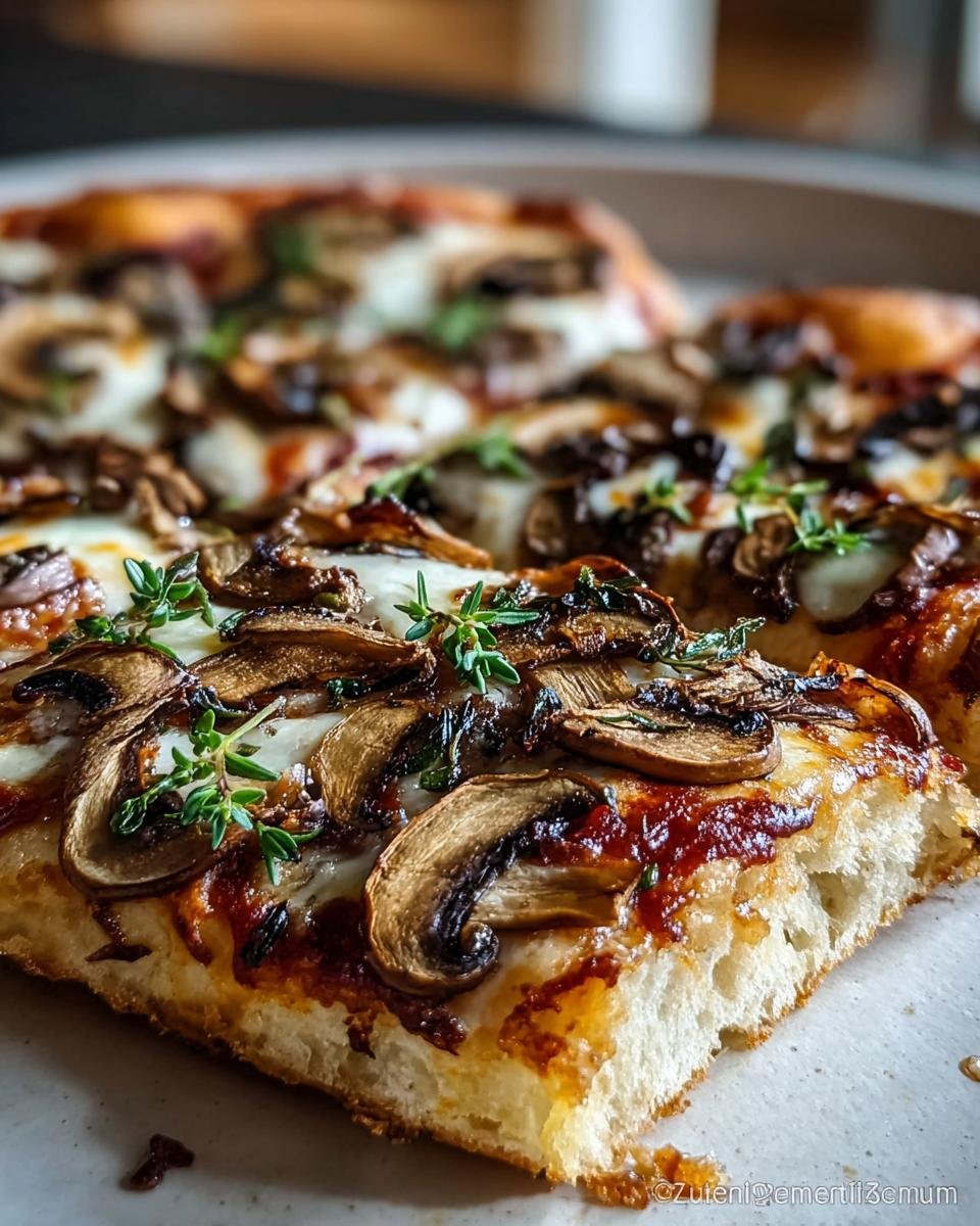 Nahaufnahme eines Stücks Hausgemachte Pizza vom Blech mit saftigen Pilzen, geschmolzenem Käse und frischen Kräutern.