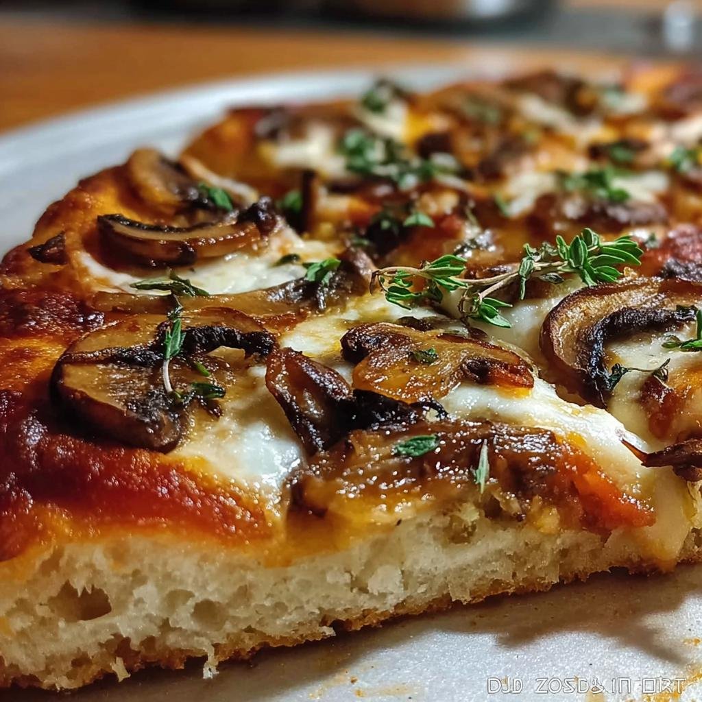 Nahaufnahme eines dicken Stücks Hausgemachte Pizza vom Blech mit gebratenen Pilzen, Mozzarella und frischen Kräutern.