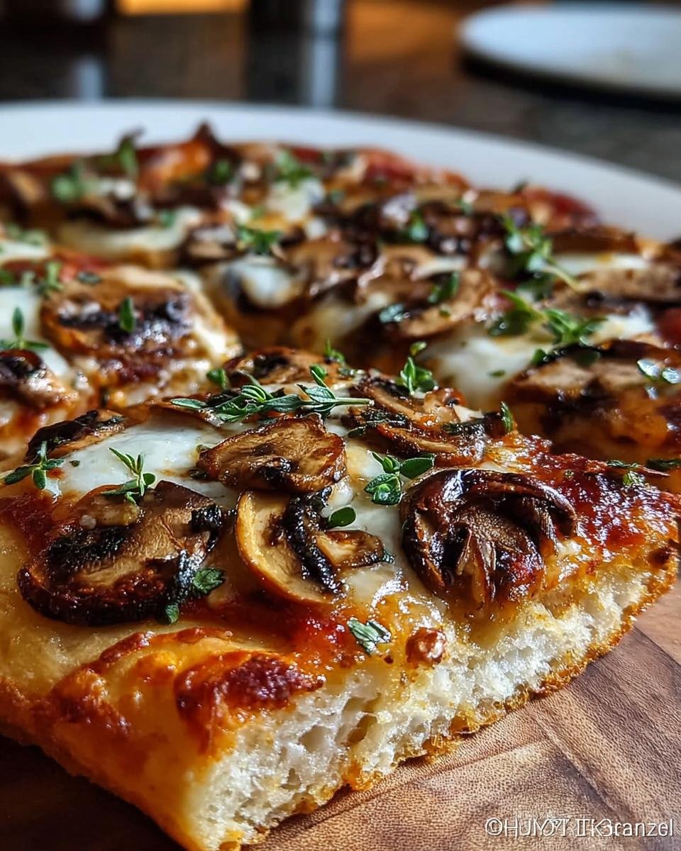 Nahaufnahme eines Stücks Hausgemachte Pizza vom Blech mit gebratenen Pilzen, geschmolzenem Mozzarella und frischem Thymian.