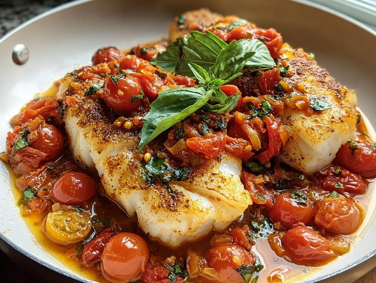 Zwei gebratene Kabeljaufilets serviert mit einer reichhaltigen Tomaten-Oliven-Sauce und frischem Basilikum.