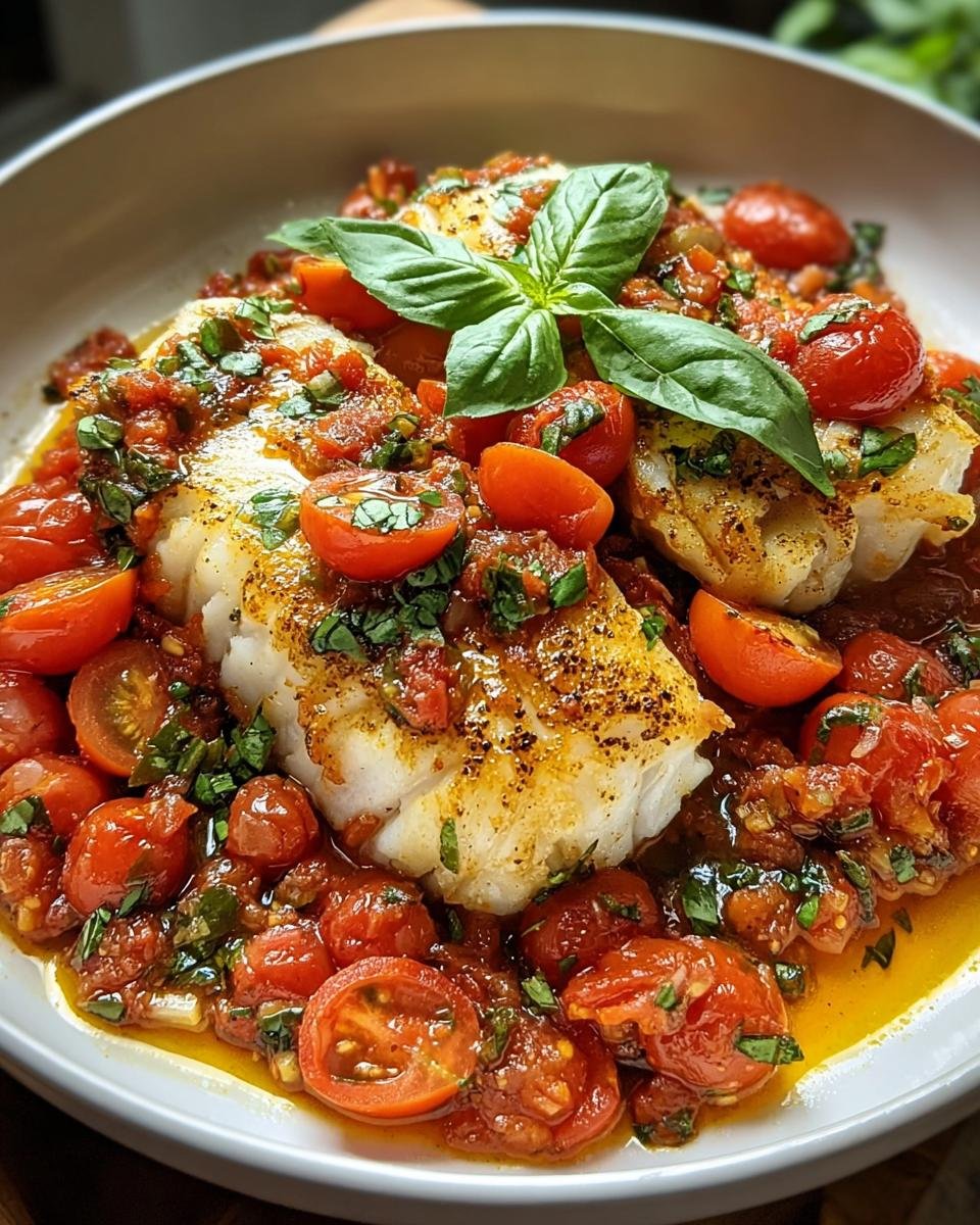 Zwei Filets von Kabeljau in Tomaten-Oliven-Sauce, garniert mit frischem Basilikum.