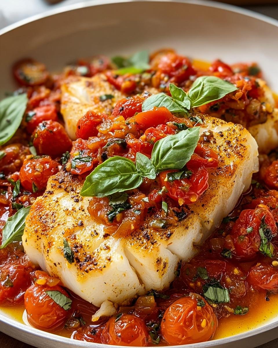 Gebratenes Stück Kabeljau in Tomaten-Oliven-Sauce, garniert mit frischem Basilikum.