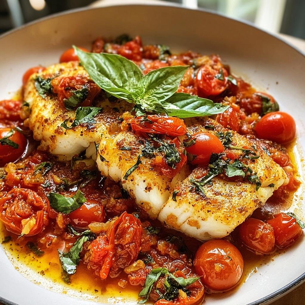 Zwei gebratene Kabeljaufilets serviert mit einer reichhaltigen Tomaten-Oliven-Sauce und frischem Basilikum.