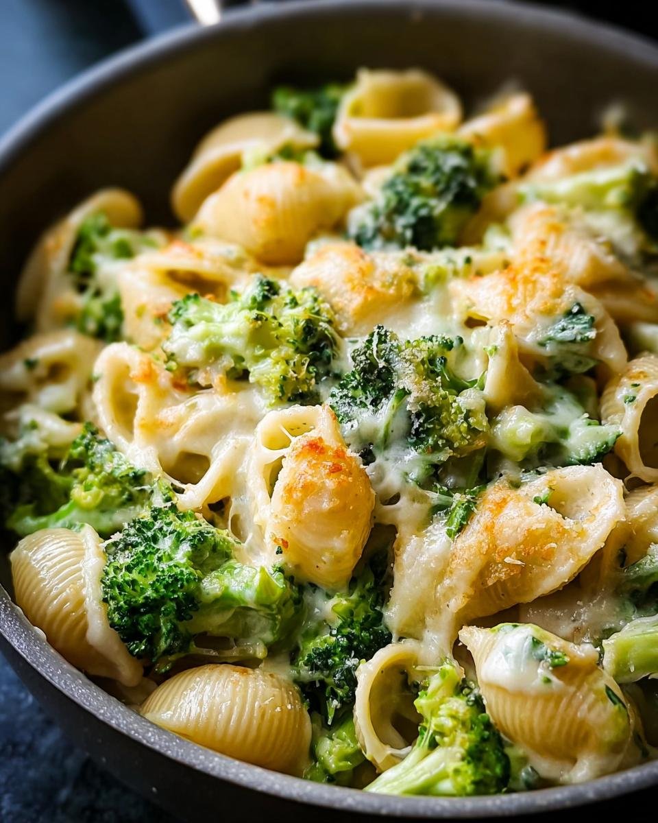 Nahaufnahme einer Käsigen Brokkoli-Nudelpfanne mit Muschelnudeln und geschmolzenem Käse.
