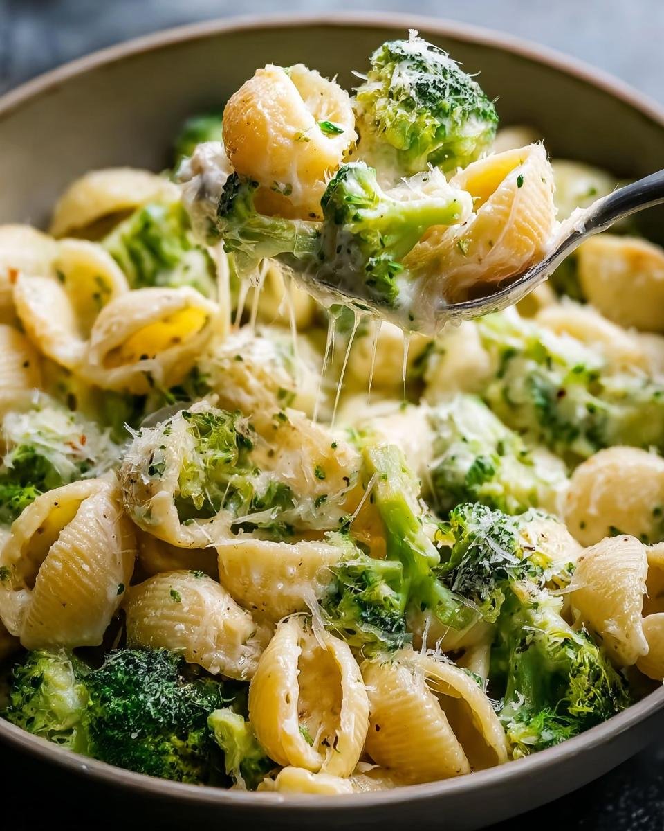 Nahaufnahme einer Löffelportion Käsige Brokkoli-Nudelpfanne mit langen Käsefäden und Muschelnudeln.