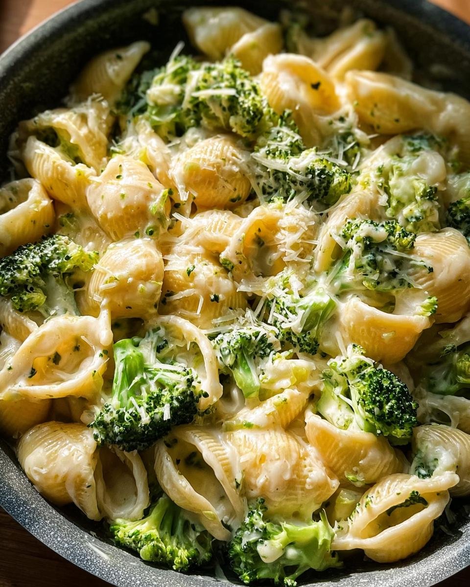 Nahaufnahme einer Käsige Brokkoli-Nudelpfanne mit cremiger Soße und geriebenem Käse.