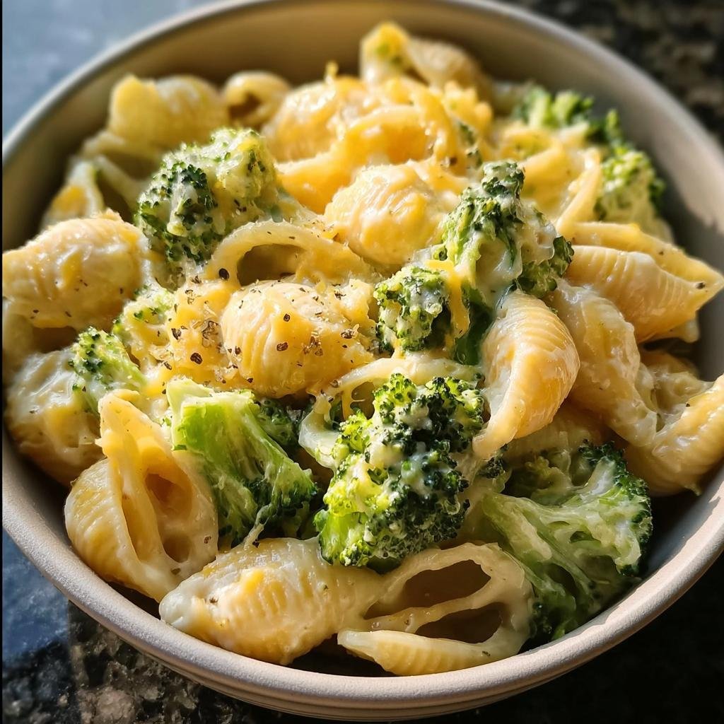 Nahaufnahme einer Schüssel mit Käsige Brokkoli-Nudelpfanne, bestehend aus Muschelnudeln, Brokkoliröschen und cremiger Käsesauce.