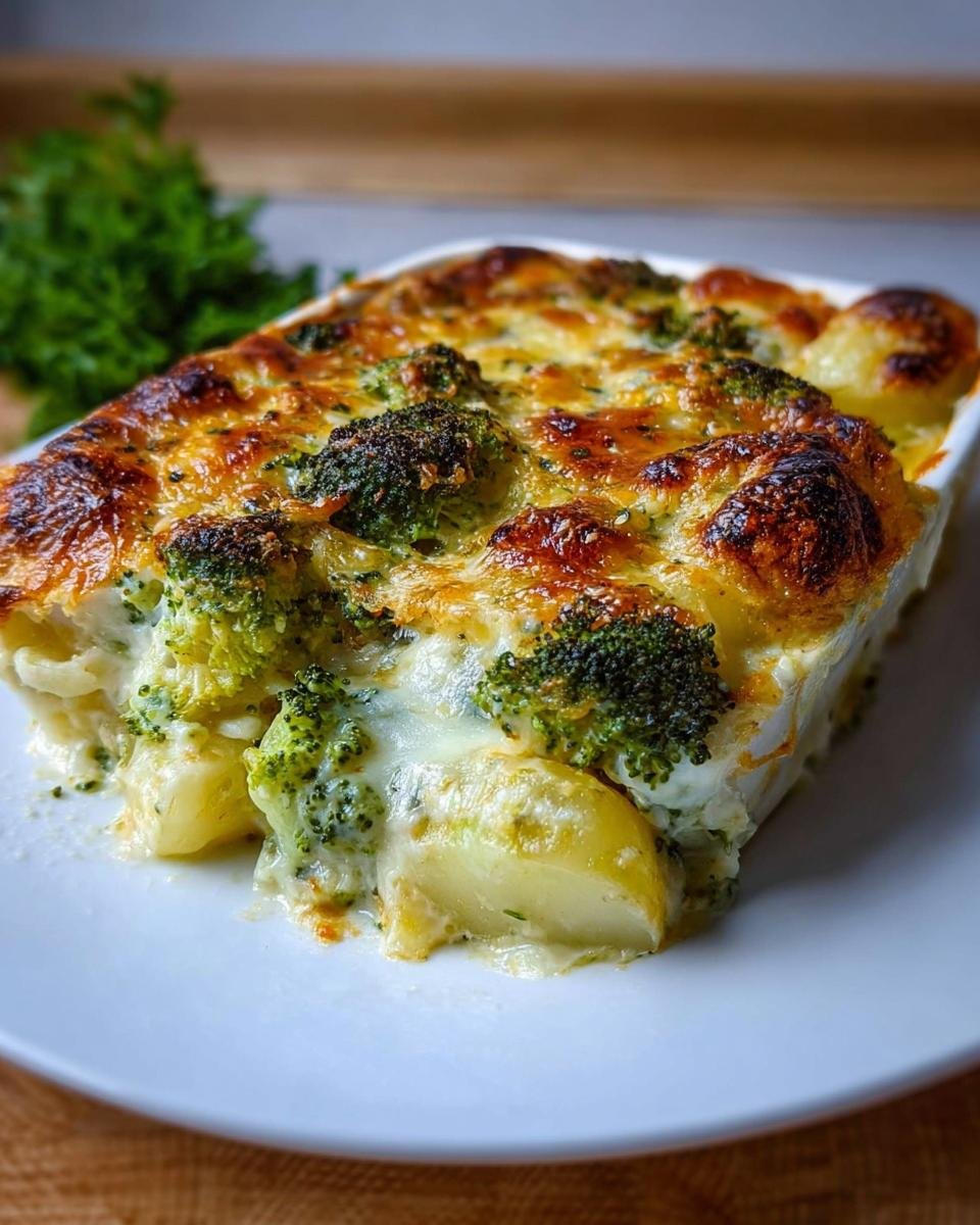 Ein Stück Kartoffel-Gemüse-Gratin vegetarisch mit cremiger Sauce, Kartoffelscheiben und gebackenem Brokkoli.
