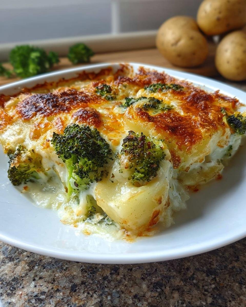 Serviertes Stück Kartoffel-Gemüse-Gratin vegetarisch mit goldbraun gebackenem Käse und Brokkoli.