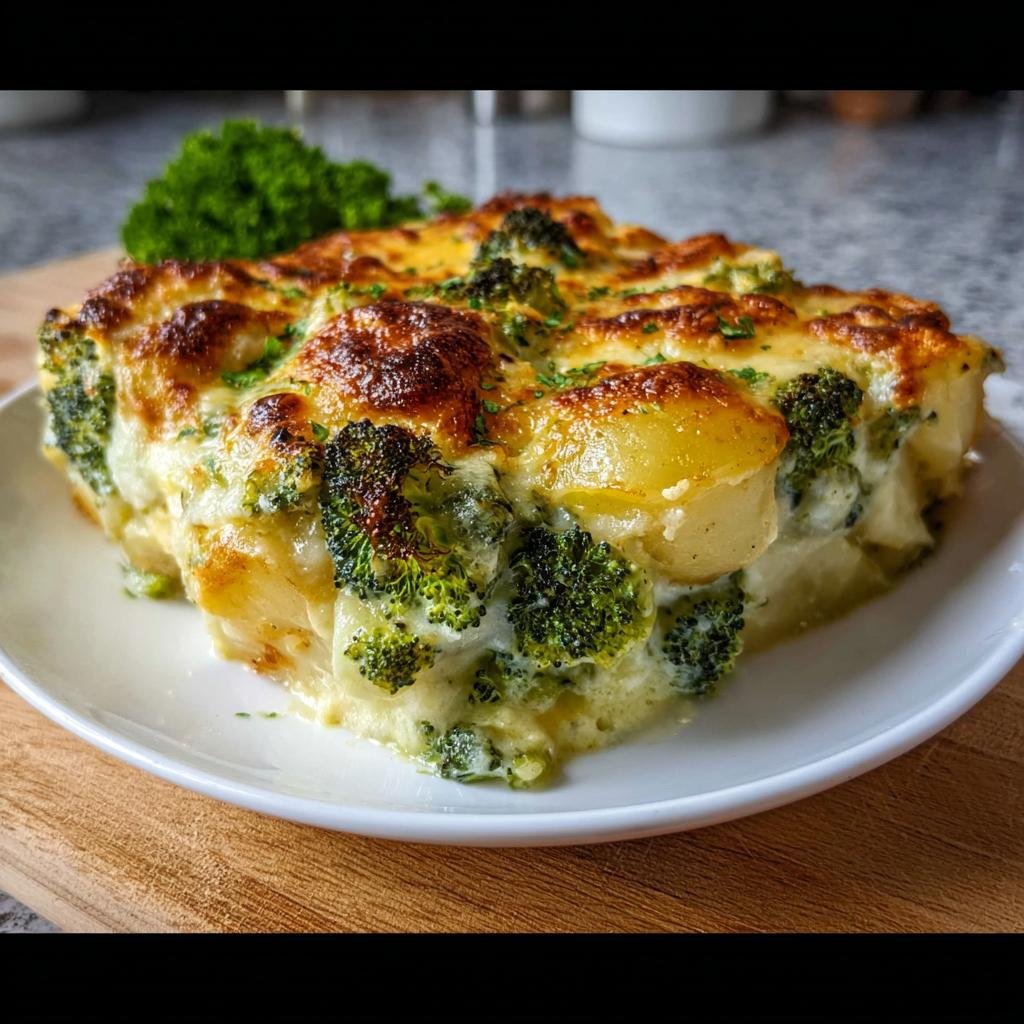 Ein cremiges Stück Kartoffel-Gemüse-Gratin vegetarisch mit viel Brokkoli und goldbraun überbackenem Käse.