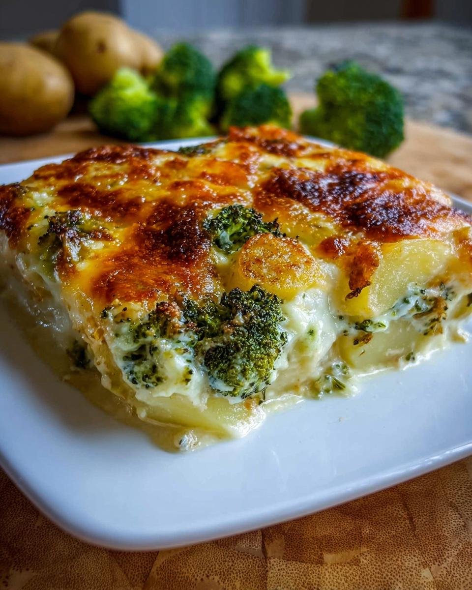 Ein cremiges Stück Kartoffel-Gemüse-Gratin vegetarisch mit Brokkoli und goldbraun überbackenem Käse auf einem weißen Teller.