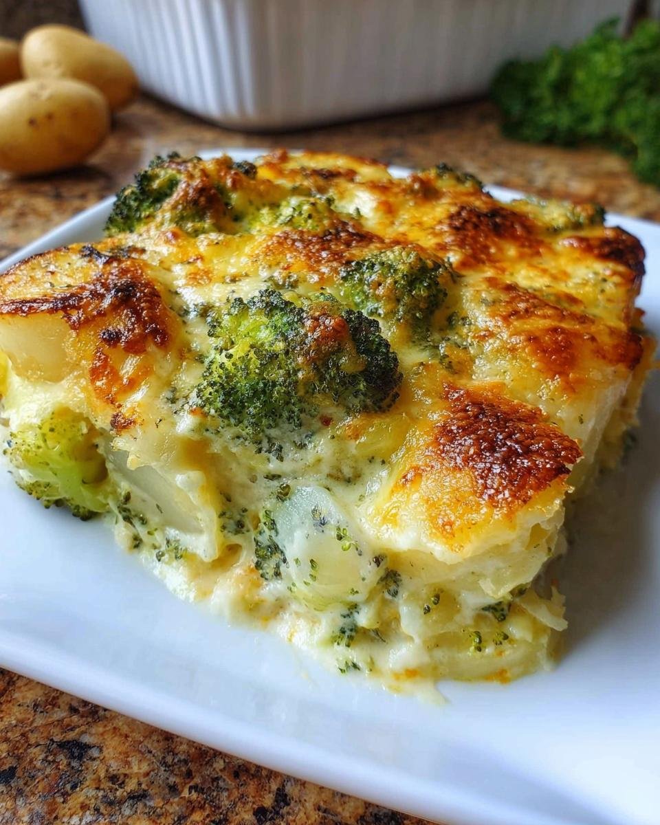 Ein saftiges Stück Kartoffel-Gemüse-Gratin vegetarisch mit cremiger Sauce und goldbraun gebackener Käsekruste.