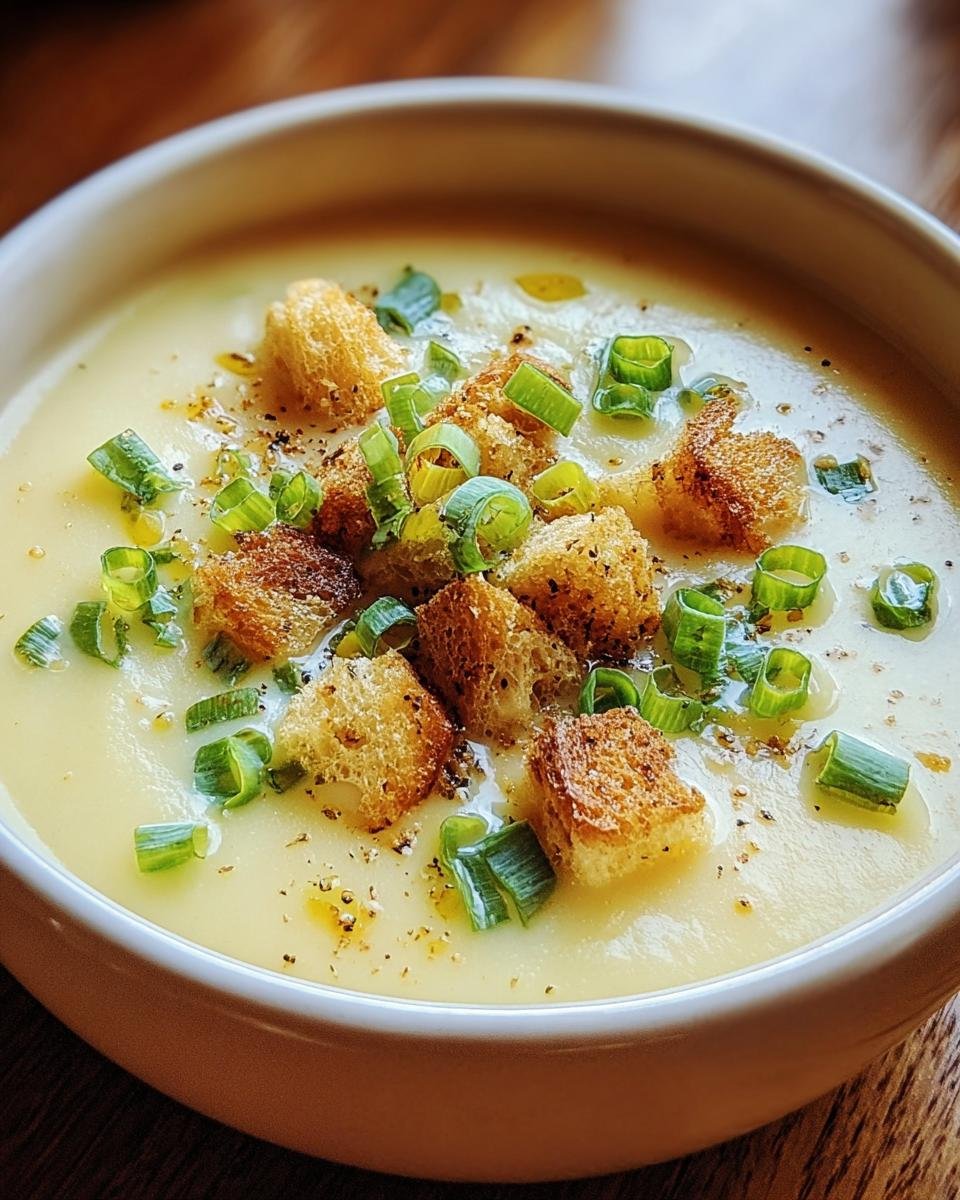 Nahaufnahme einer Schüssel mit Kartoffelsuppe cremig mit Croutons und Schnittlauch.