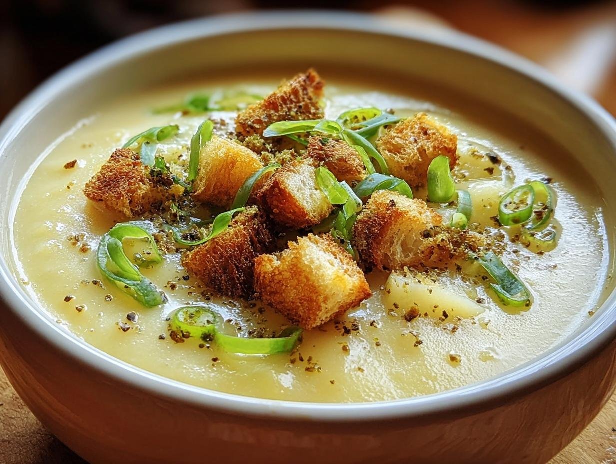 Nahaufnahme einer Schüssel mit cremiger Kartoffelsuppe cremig mit Croutons, Frühlingszwiebeln und Gewürzen.
