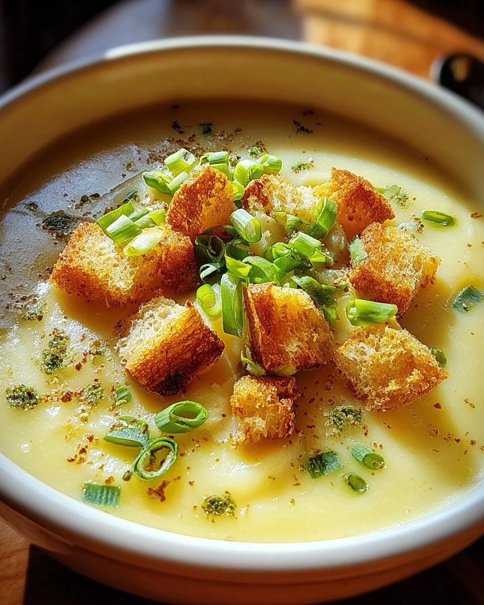Nahaufnahme einer cremigen Kartoffelsuppe mit goldbraunen Croutons und frischen Schnittlauchröllchen.