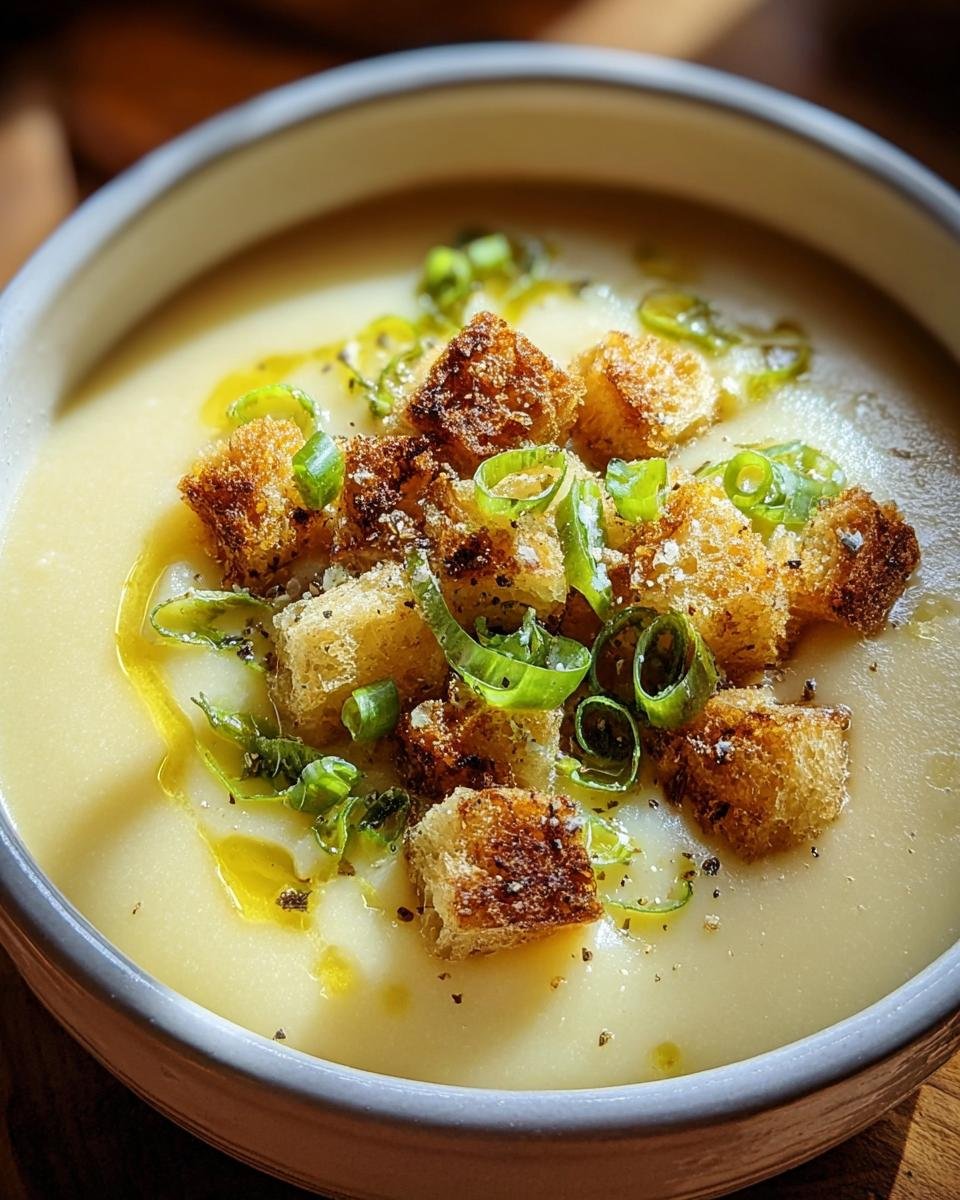 Nahaufnahme einer cremigen Kartoffelsuppe mit goldbraunen Croutons, Frühlingszwiebeln und einem Schuss Öl.