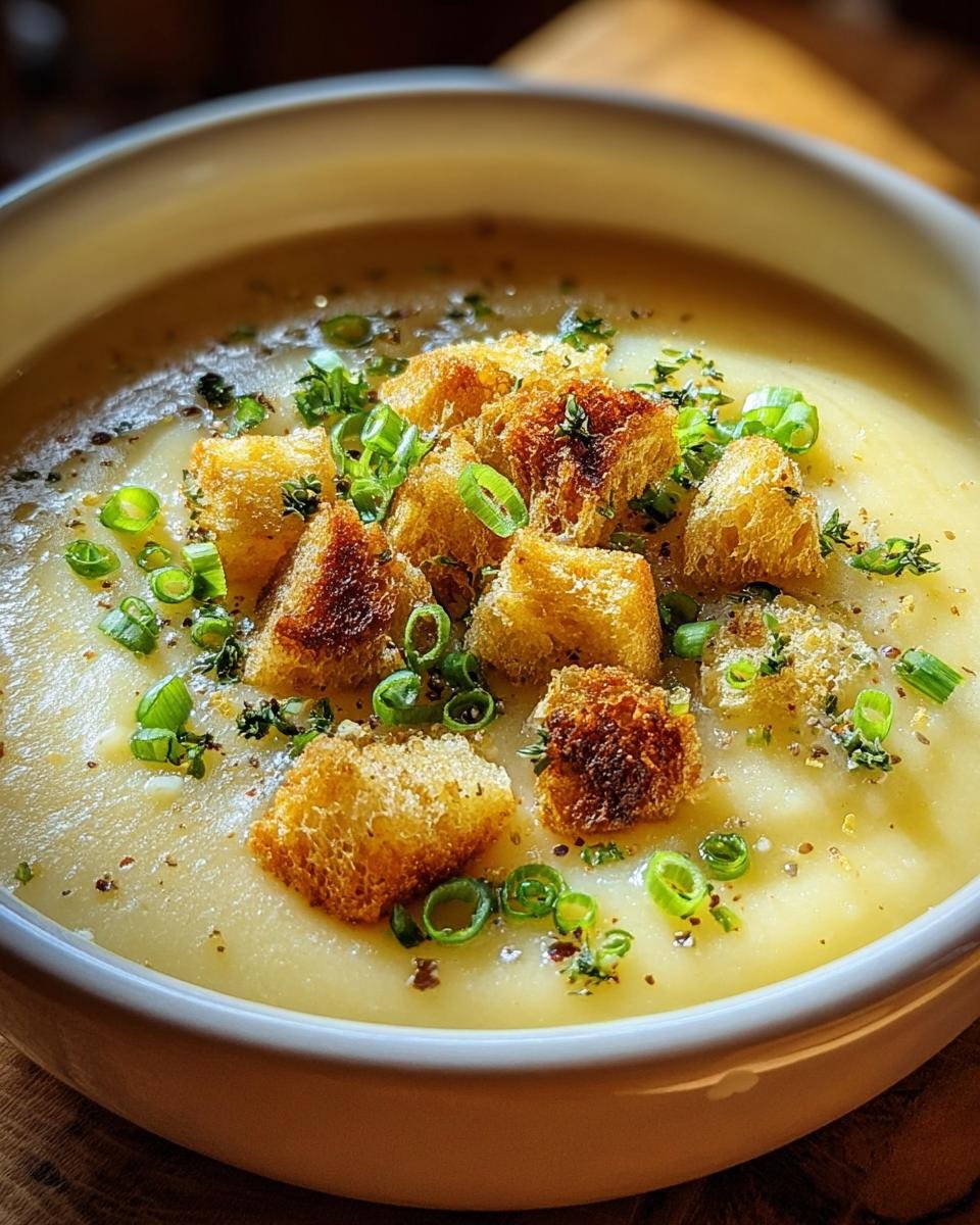 Nahaufnahme einer Schüssel mit cremiger Kartoffelsuppe cremig mit Croutons und Schnittlauch.