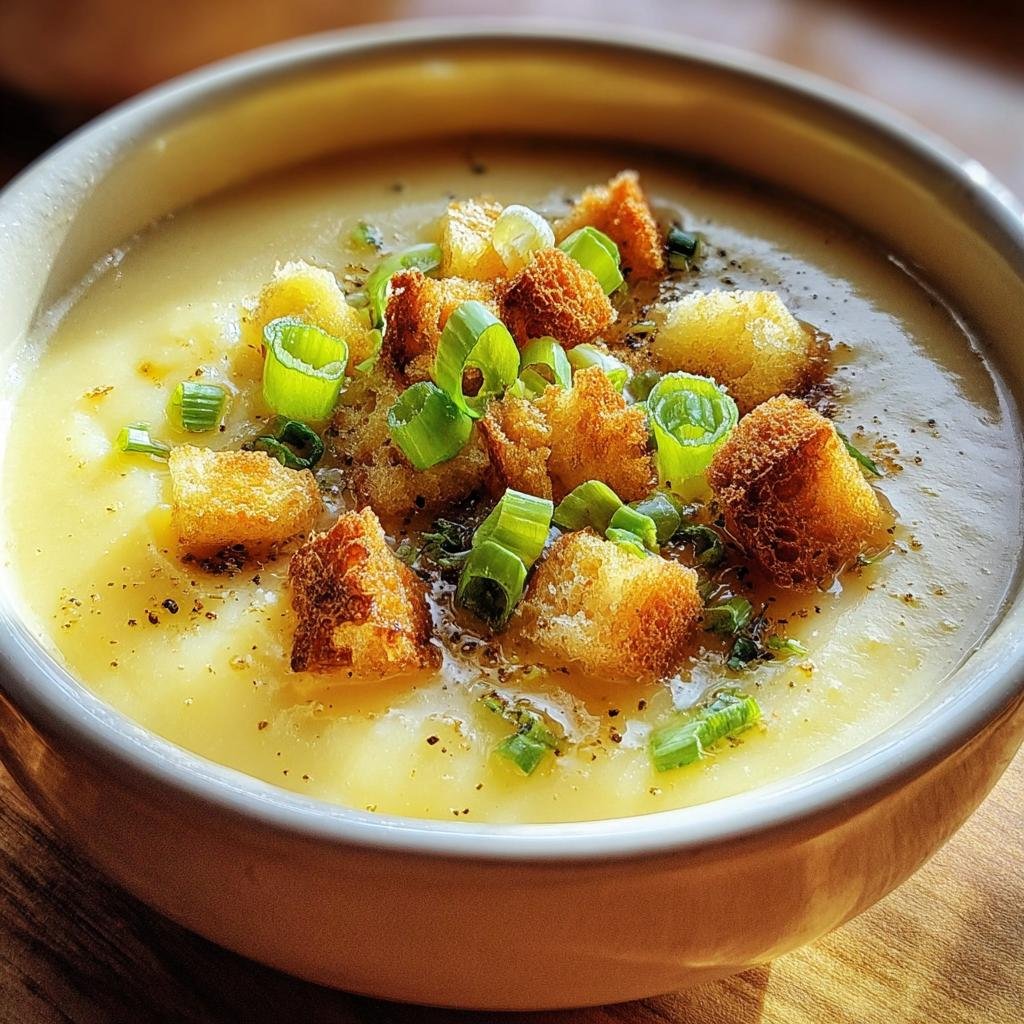 Nahaufnahme einer cremigen Kartoffelsuppe cremig mit Croutons, garniert mit frischem Schnittlauch und schwarzem Pfeffer.