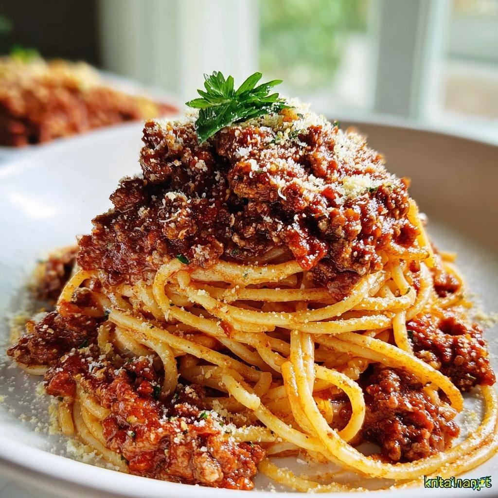 Nahaufnahme von Klassische Bolognese mit Spaghetti, reichlich bedeckt mit Fleischsauce und geriebenem Parmesan.
