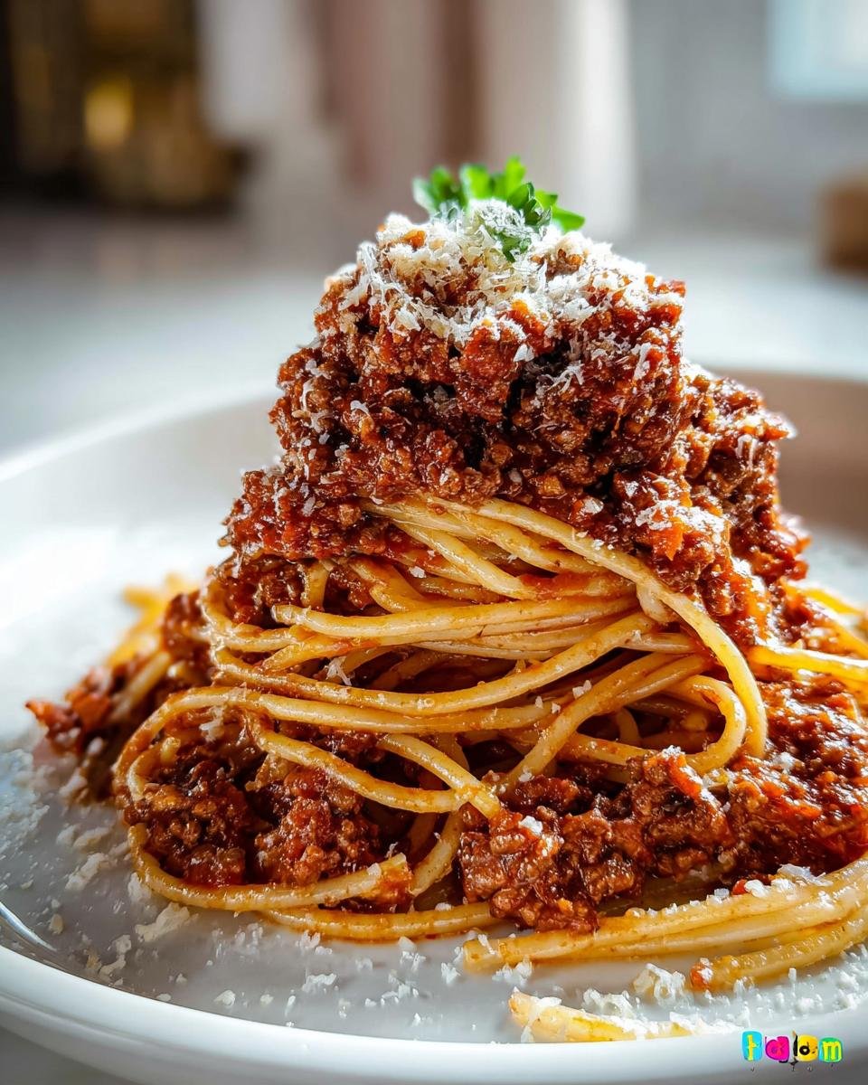 Nahaufnahme von Klassische Bolognese mit Spaghetti, reichlich belegt mit Hackfleischsauce und Parmesan.