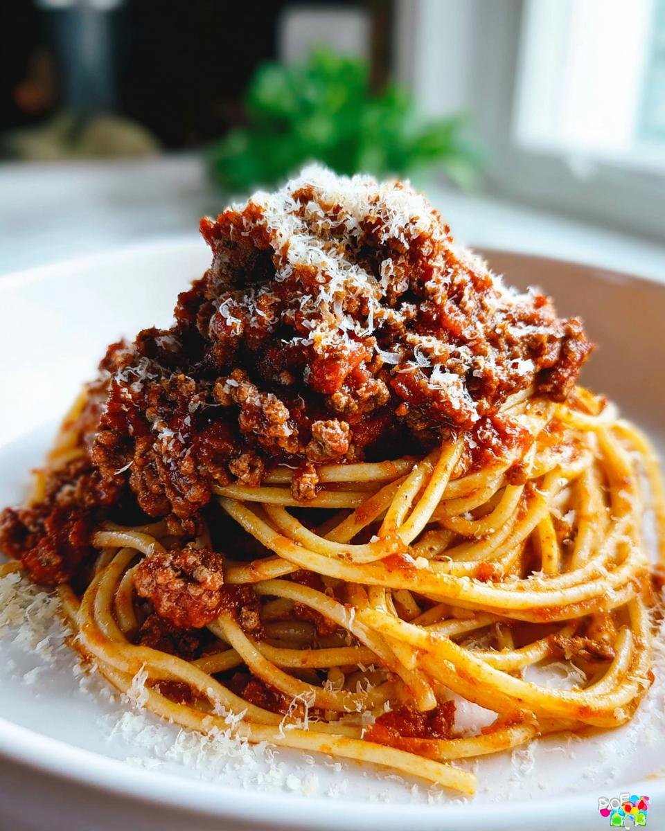 Nahaufnahme von Klassische Bolognese mit Spaghetti, bedeckt mit reichlich Fleischsauce und geriebenem Parmesan.