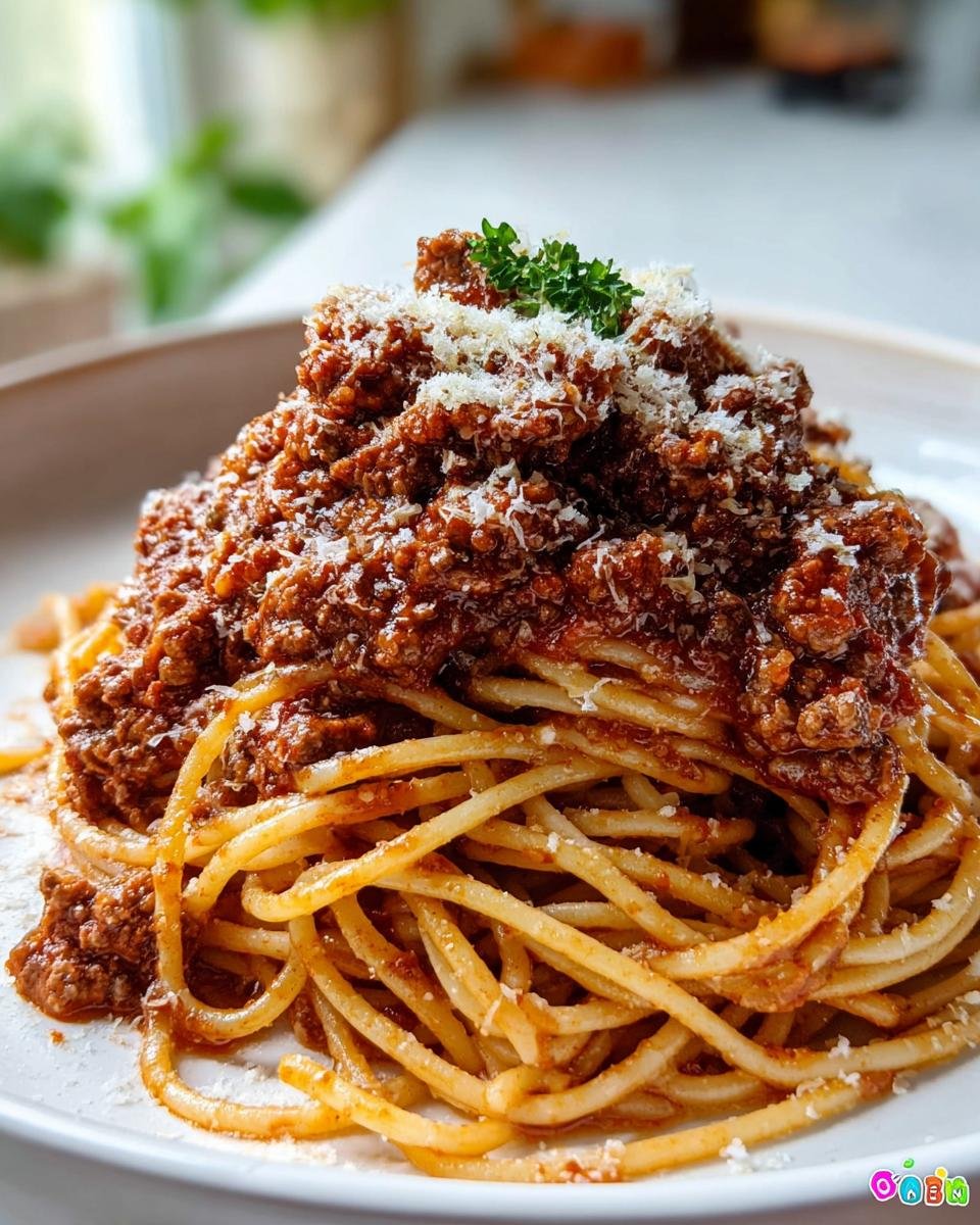 Nahaufnahme von Klassische Bolognese mit Spaghetti, üppig belegt mit Fleischsauce und geriebenem Parmesan.