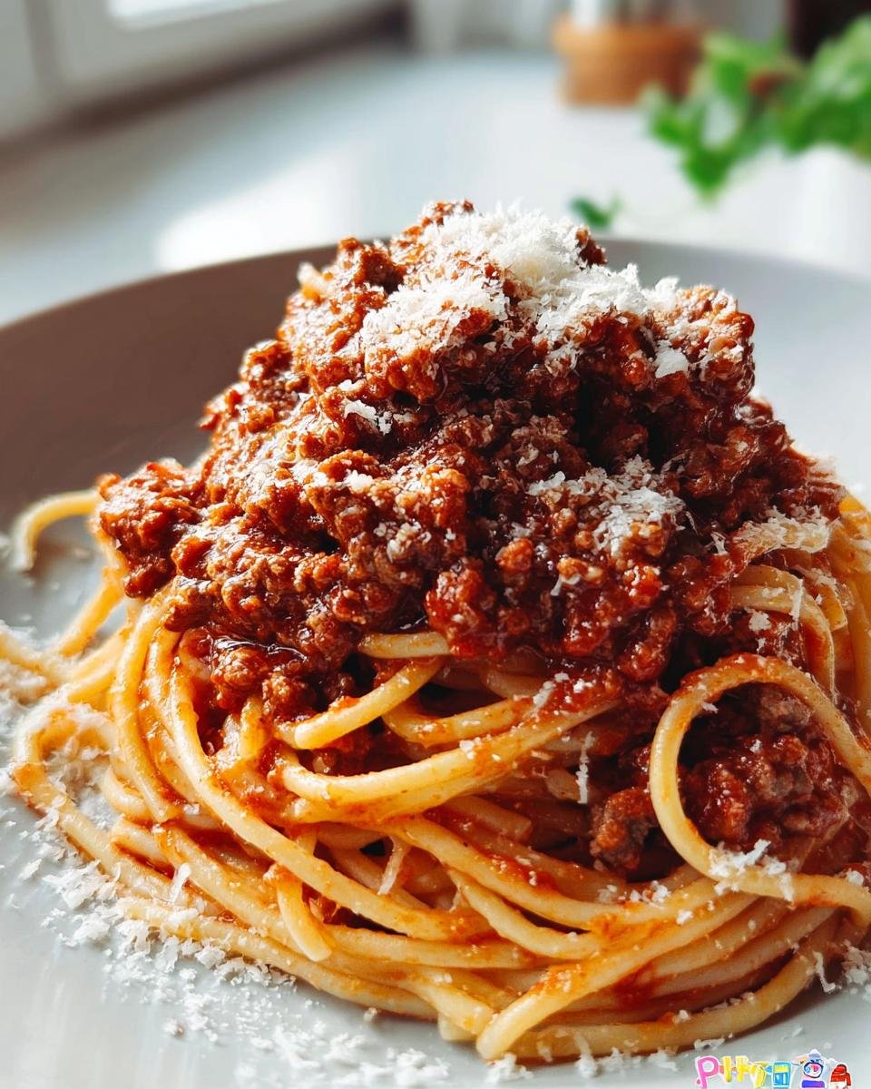 Nahaufnahme von Klassische Bolognese mit Spaghetti, bedeckt mit reichhaltiger Fleischsauce und geriebenem Parmesan.