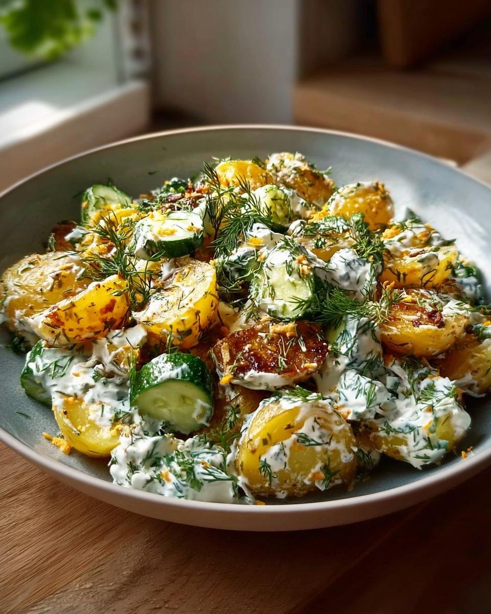 Schüssel mit Knusprige Ofenkartoffeln, Gurkenscheiben und viel Kräuterquark mit frischem Dill.